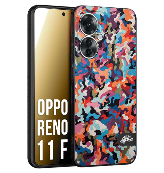 CUSTOMIZZA - Custodia cover nera morbida in tpu compatibile per Oppo Reno 11 F 5G camouflage mimetico militare moderno blu arancio rosa