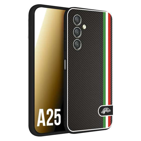 CUSTOMIZZA - Custodia cover nera morbida in tpu compatibile per Samsung A25 effetto fibra di carbonio bandiera Italia made in Italy