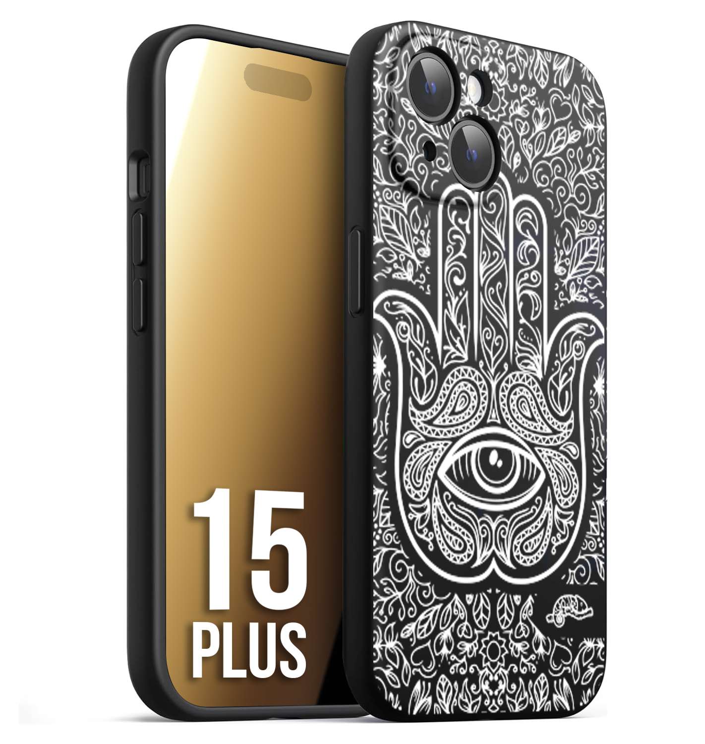 CUSTOMIZZA - Custodia cover nera morbida in tpu compatibile per iPhone 15 PLUS mano di fatima effetto rilievo mandala donna