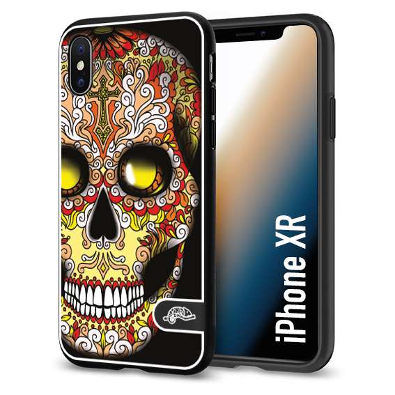 CUSTOMIZZA - Custodia cover nera morbida in tpu compatibile per iPhone Xr teschio messicano Mexican skull giallo rosso arancio