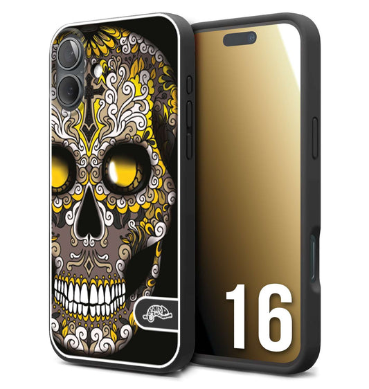 CUSTOMIZZA - Custodia cover nera morbida in tpu compatibile per iPhone 16 teschio messicano Mexican skull nero giallo