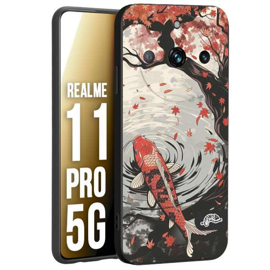 CUSTOMIZZA - Custodia cover nera morbida in tpu compatibile per Realme 11 PRO 5G giapponese lago carpa koi rossa con foglie d'acero rosso disegnata tattoo