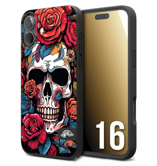 CUSTOMIZZA - Custodia cover nera morbida in tpu compatibile per iPhone 16 teschio skull flowers fiori rose rosse tattoo disegnato