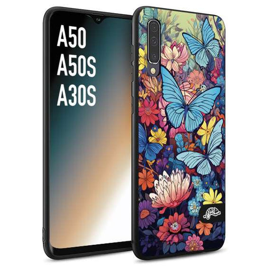 CUSTOMIZZA - Custodia cover nera morbida in tpu compatibile per Samsung A50 - A50S - A30S farfalle butterfly moderno donna disegnate gialla blu rosa