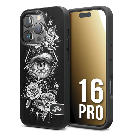 CUSTOMIZZA - Custodia cover nera morbida in tpu compatibile per iPhone 16 PRO occhio fiori rombo geometrico black and white bianco a rilievo disegnato tattoo tatuaggio