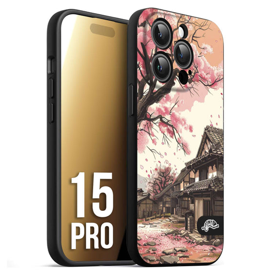CUSTOMIZZA - Custodia cover nera morbida in tpu compatibile per iPhone 15 PRO casa giapponese rosa ciliegio in fiore disegnata tattoo