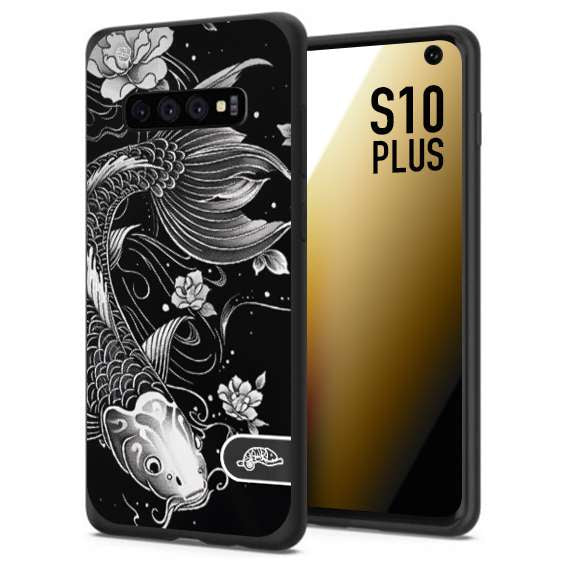 CUSTOMIZZA - Custodia cover nera morbida in tpu compatibile per Samsung S10 PLUS carpa koi black and white bianco a rilievo disegnato tattoo tatuaggio