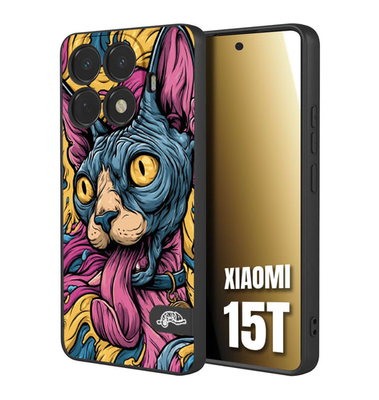 CUSTOMIZZA - Custodia cover nera morbida in tpu compatibile per Xiaomi 15T Sphynx Colorato Pop Art Psichedelico Gatto Blu Rosa Giallo Artistica Fantasy