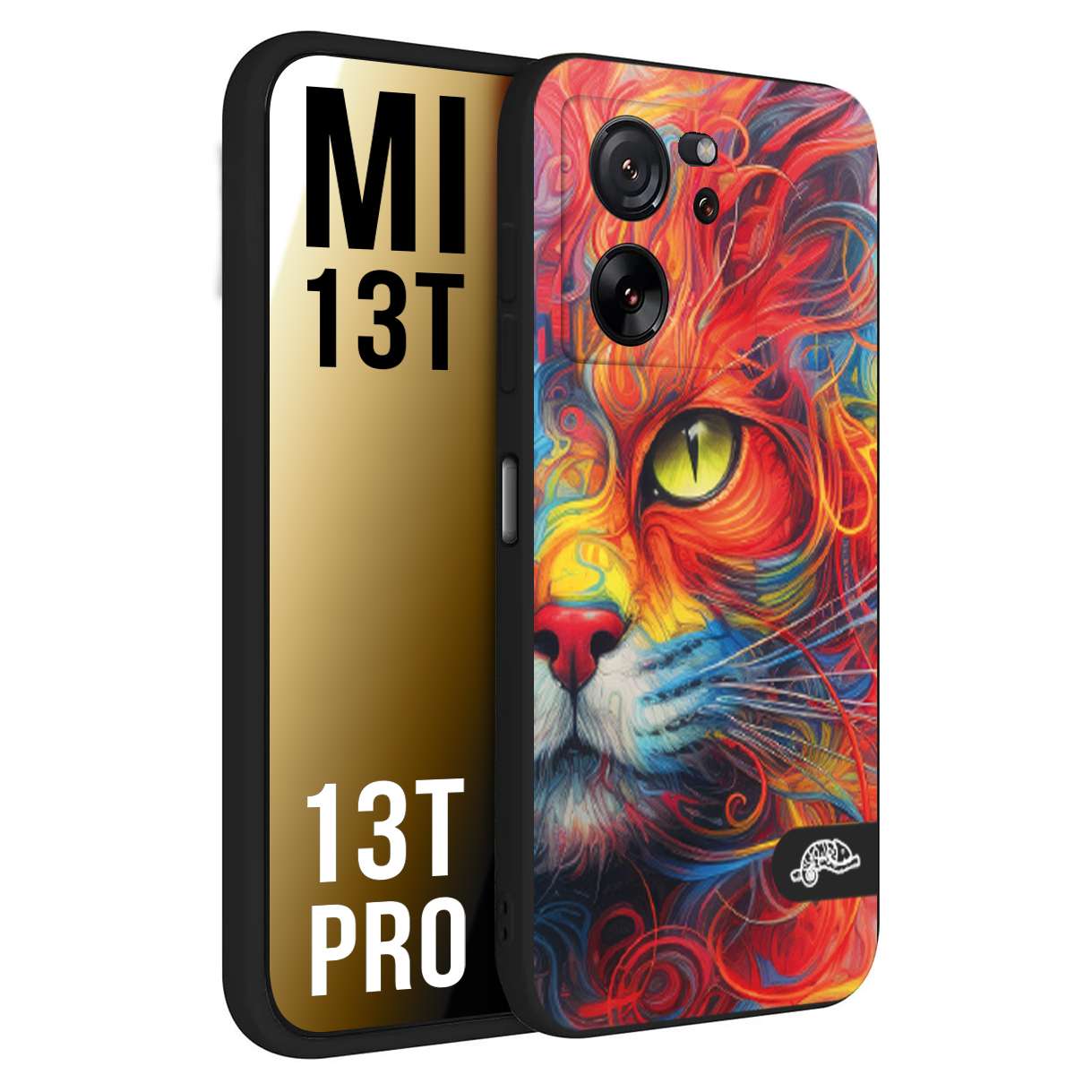 CUSTOMIZZA - Custodia cover nera morbida in tpu compatibile per Xiaomi 13T - 13T PRO animali color cat gatto viso colori vibranti disegnato schizzo