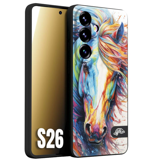 CUSTOMIZZA - Custodia cover nera morbida in tpu compatibile per Samsung S26 animali color cavallo horse viso colori vibranti disegnato schizzo