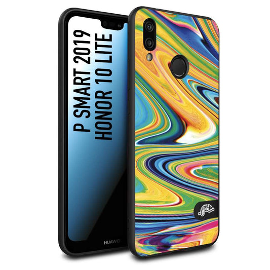 CUSTOMIZZA - Custodia cover nera morbida in tpu compatibile per Huawei P SMART 2019 colorata fantasia vortice marmo arcobaleno gialla verde blu