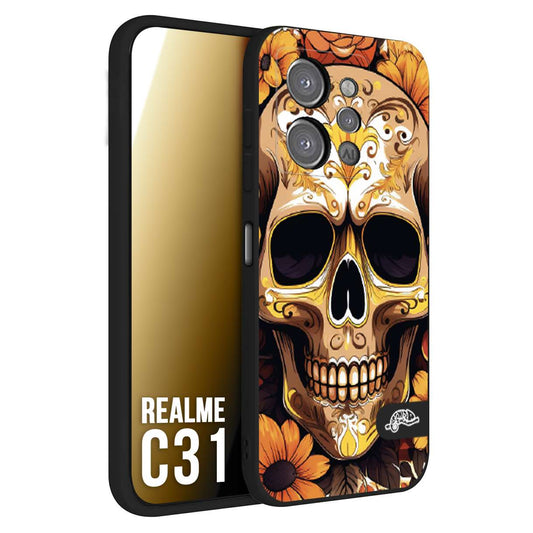 CUSTOMIZZA - Custodia cover nera morbida in tpu compatibile per Realme C31 teschio messicano colorato dorato fiori tattoo disegnato