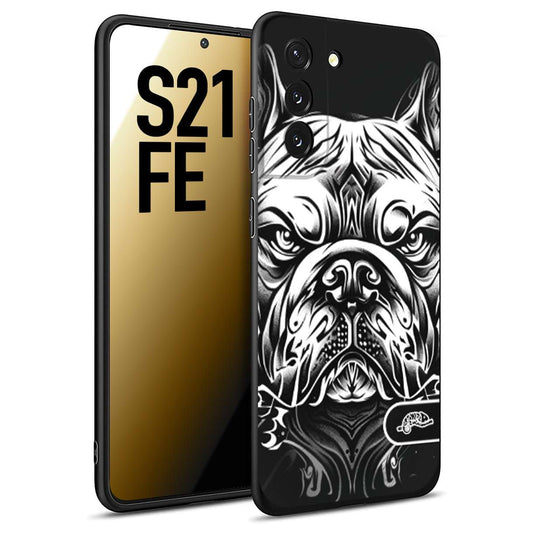 CUSTOMIZZA - Custodia cover nera morbida in tpu compatibile per Samsung S21 FE bulldog bianco a rilievo disegnato tattoo tatuaggio