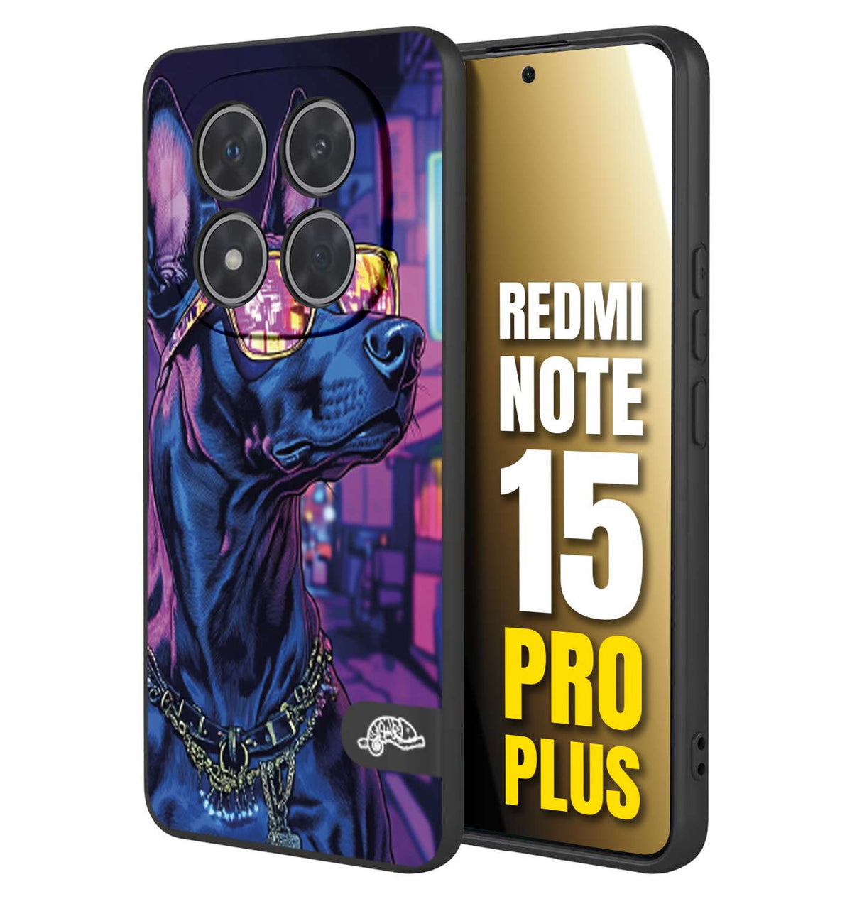 CUSTOMIZZA - Custodia cover nera morbida in tpu compatibile per Xiaomi Redmi Note 15 PRO PLUS animali cyberpunk dobermann cane street dog fucsia blu night