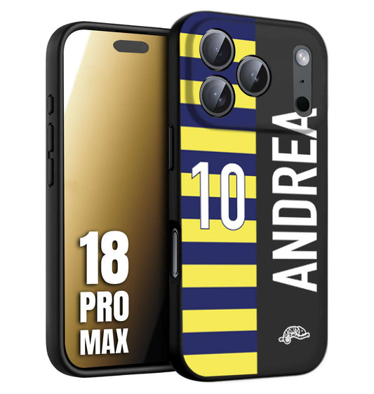 CUSTOMIZZA - Custodia cover nera morbida in tpu compatibile per iPhone 18 PRO MAX personalizzata calcio football nome e numero calciatori giallo blu