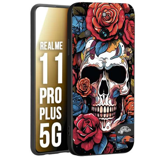 CUSTOMIZZA - Custodia cover nera morbida in tpu compatibile per Realme 11 PRO PLUS 5G teschio skull flowers fiori rose rosse tattoo disegnato