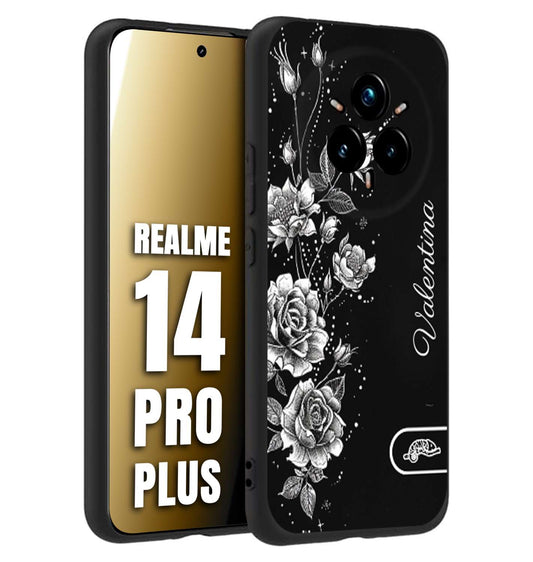 CUSTOMIZZA - Custodia cover nera morbida in tpu compatibile per Realme 14 PRO PLUS personalizzata rilievo soft touch nome rose fiori donna