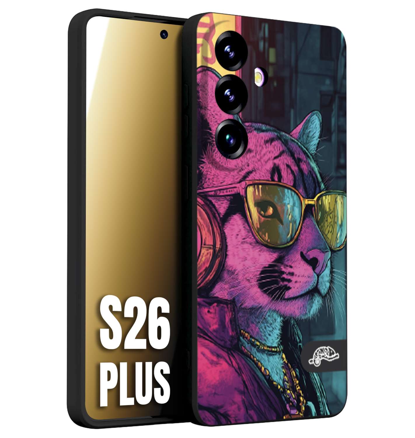 CUSTOMIZZA - Custodia cover nera morbida in tpu compatibile per Samsung S26 PLUS animali cyberpunk pantera street cat fucsia blu giallo