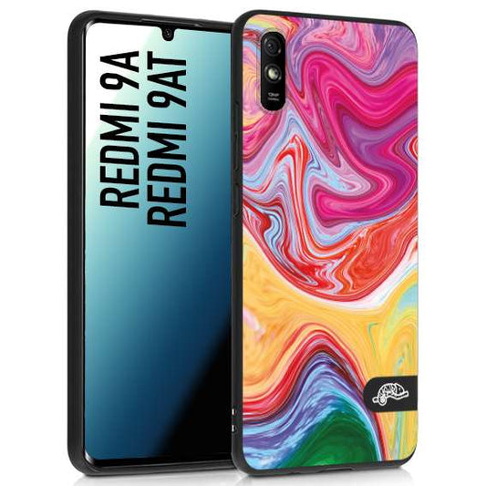 CUSTOMIZZA - Custodia cover nera morbida in tpu compatibile per Xiaomi Redmi 9A - 9AT colorata fantasia vortice marmo onde verde fucsia gialla