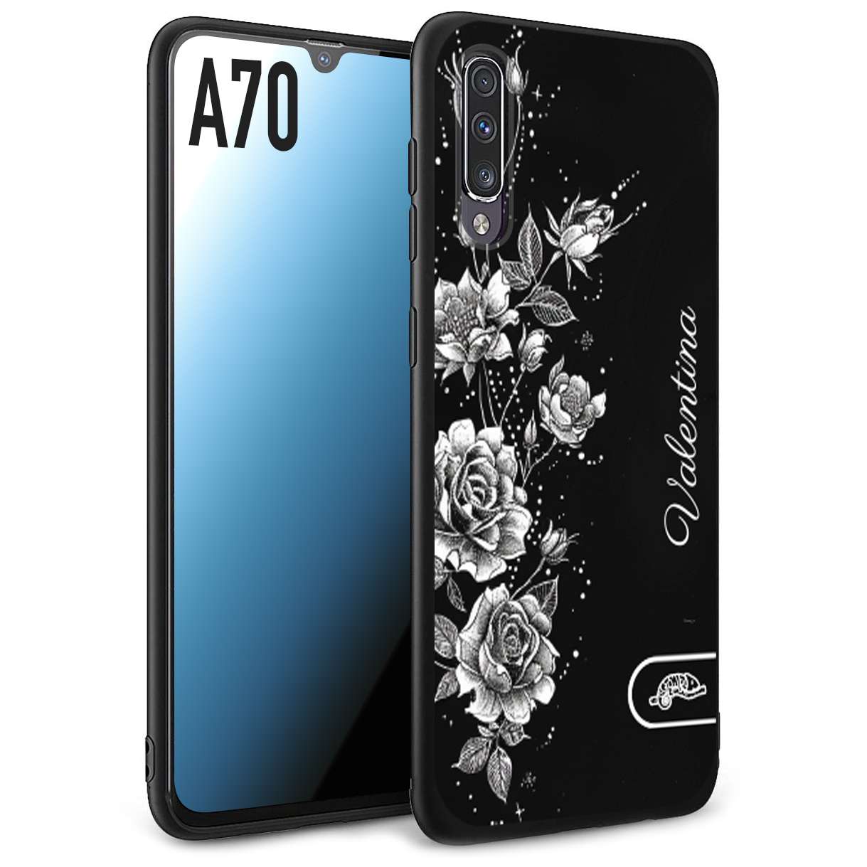 CUSTOMIZZA - Custodia cover nera morbida in tpu compatibile per Samsung A70 a rilievo soft touch personalizzata nome rose fiori donna