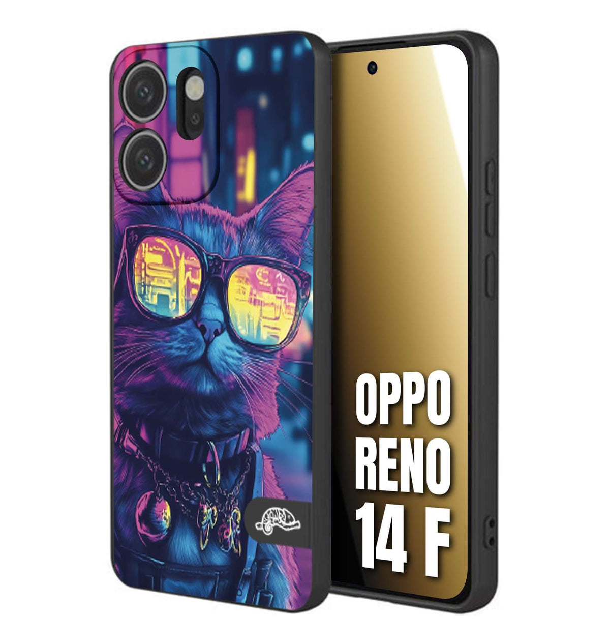 CUSTOMIZZA - Custodia cover nera morbida in tpu compatibile per Oppo Reno 14 F animali cyberpunk gatto street cat fucsia blu giallo