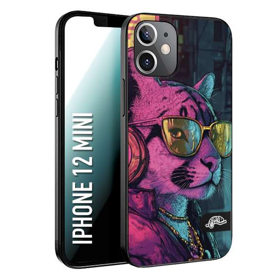 CUSTOMIZZA - Custodia cover nera morbida in tpu compatibile per iPhone 12 MINI animali cyberpunk pantera street cat fucsia blu giallo