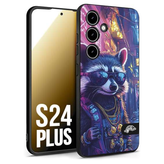 CUSTOMIZZA - Custodia cover nera morbida in tpu compatibile per Samsung S24 PLUS animali simpatici cyberpunk procione racoon street cat fucsia blu giallo