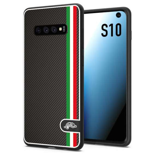 CUSTOMIZZA - Custodia cover nera morbida in tpu compatibile per Samsung S10 effetto fibra di carbonio bandiera Italia made in Italy