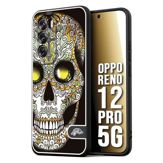 CUSTOMIZZA - Custodia cover nera morbida in tpu compatibile per Oppo Reno 12 PRO 5G teschio messicano Mexican skull bianco verde giallo