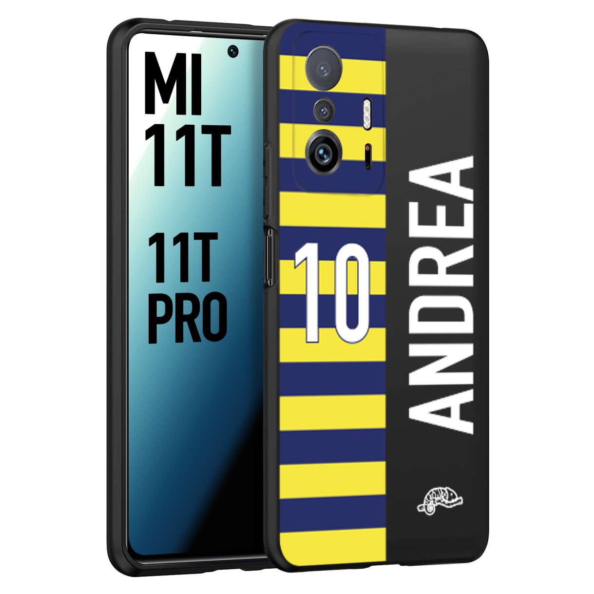 CUSTOMIZZA - Custodia cover nera morbida in tpu compatibile per Xiaomi Mi 11T - Mi 11T PRO personalizzata calcio football nome e numero calciatori giallo blu