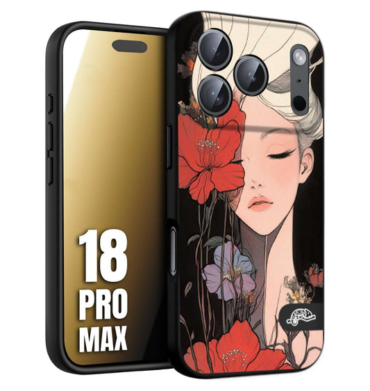 CUSTOMIZZA - Custodia cover nera morbida in tpu compatibile per iPhone 18 PRO MAX woman flower Fantasia Floreale Design Donna e Fiori, Retro Artistico