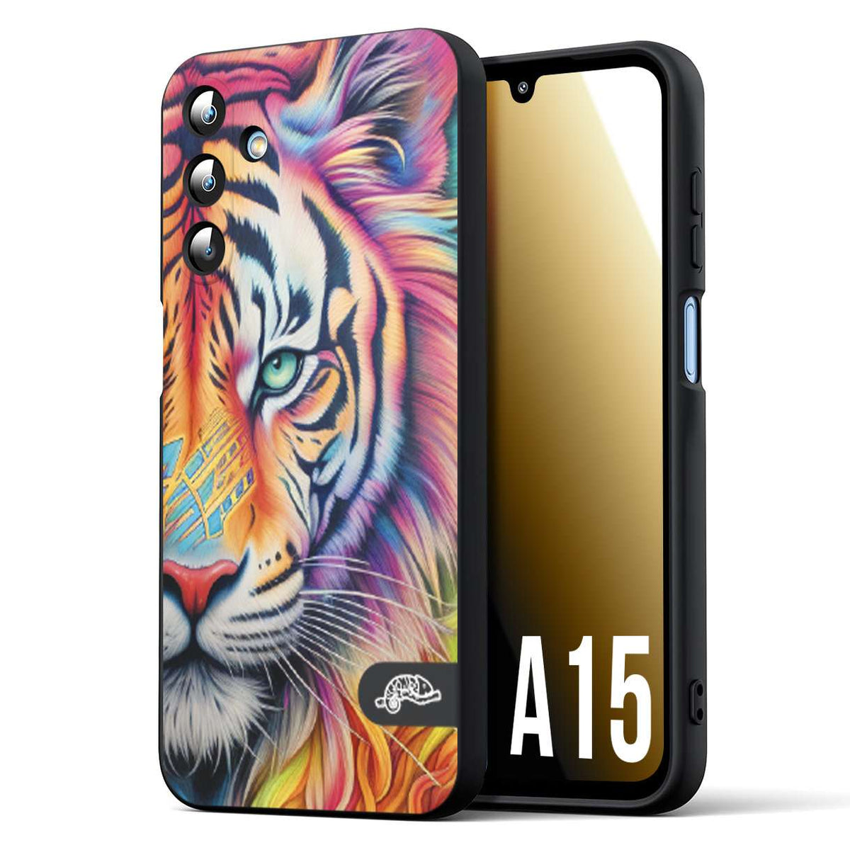 CUSTOMIZZA - Custodia cover nera morbida in tpu compatibile per Samsung A15 5G animali color tigre tiger viso colori vibranti disegnato schizzo