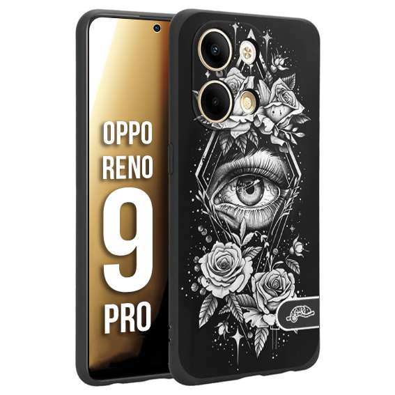 CUSTOMIZZA - Custodia cover nera morbida in tpu compatibile per Oppo Reno 9 PRO occhio fiori rombo geometrico black and white bianco a rilievo disegnato tattoo tatuaggio