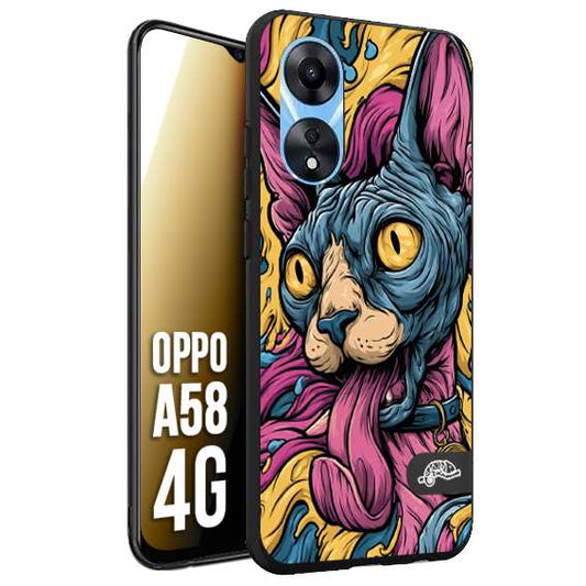 CUSTOMIZZA - Custodia cover nera morbida in tpu compatibile per Oppo A58 4G Sphynx Colorato Pop Art Psichedelico Gatto Blu Rosa Giallo Artistica Fantasy