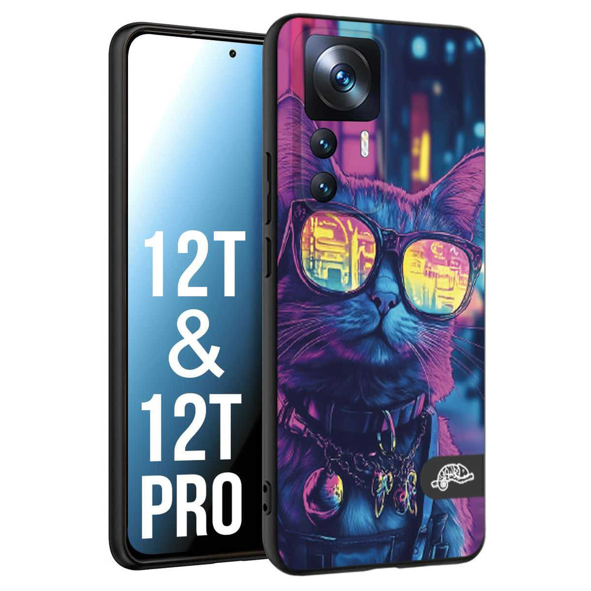 CUSTOMIZZA - Custodia cover nera morbida in tpu compatibile per Xiaomi 12T - 12T PRO animali cyberpunk gatto street cat fucsia blu giallo