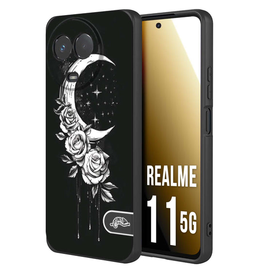 CUSTOMIZZA - Custodia cover nera morbida in tpu compatibile per Oppo Realme 11 5G luna e fiori moon flowers black and white bianco a rilievo disegnato tattoo tatuaggio