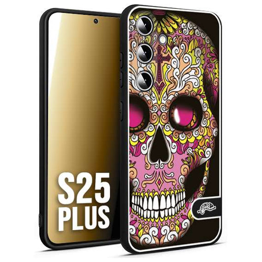 CUSTOMIZZA - Custodia cover nera morbida in tpu compatibile per Samsung S25 PLUS teschio messicano Mexican skull rosa gialla