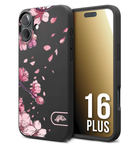 CUSTOMIZZA - Custodia cover nera morbida in tpu compatibile per iPhone 16 PLUS giapponese fiori di ciliegio in fiore a rilievo disegnata tattoo