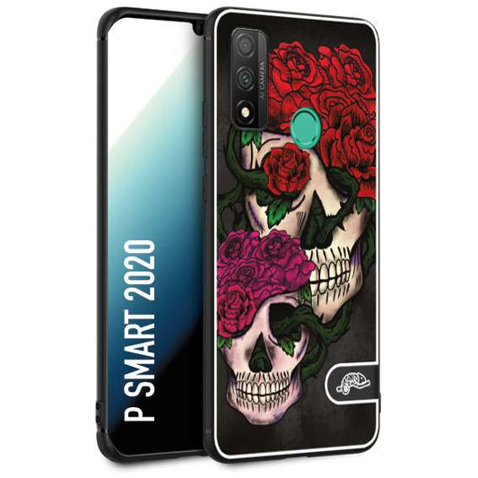 CUSTOMIZZA - Custodia cover nera morbida in tpu compatibile per Huawei P Smart 2020 teschi e rose rosse fucsia skull and roses