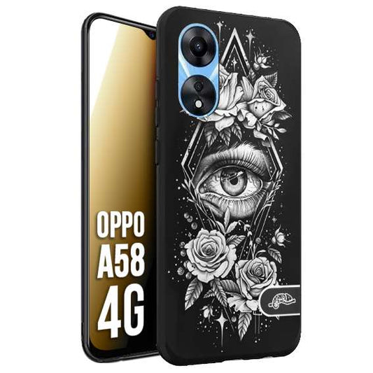 CUSTOMIZZA - Custodia cover nera morbida in tpu compatibile per Oppo A58 4G occhio fiori rombo geometrico black and white bianco a rilievo disegnato tattoo tatuaggio