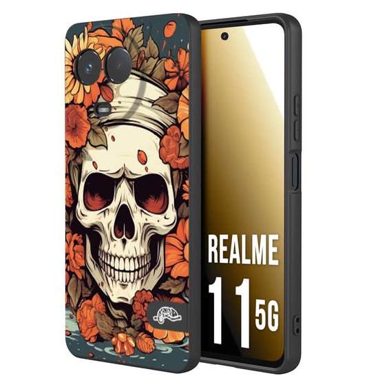 CUSTOMIZZA - Custodia cover nera morbida in tpu compatibile per Oppo Realme 11 5G teschio skull flowers fiori tattoo disegnato alta definizione