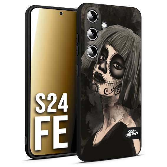 CUSTOMIZZA - Custodia cover nera morbida in tpu compatibile per Samsung S24 FE chicana messicana dea de la muerte donna santa tattoo disegnata