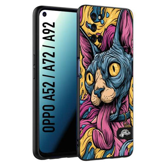 CUSTOMIZZA - Custodia cover nera morbida in tpu compatibile per Oppo A52 - A72 - A92 Sphynx Colorato Pop Art Psichedelico Gatto Blu Rosa Giallo Artistica Fantasy
