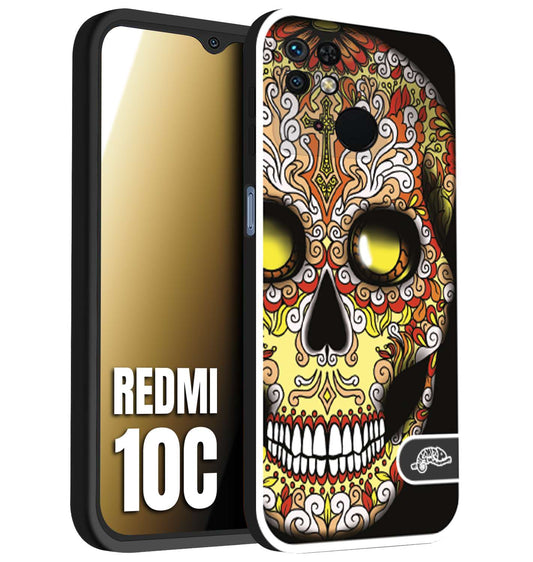 CUSTOMIZZA - Custodia cover nera morbida in tpu compatibile per Xiaomi Redmi 10C teschio messicano Mexican skull giallo rosso arancio