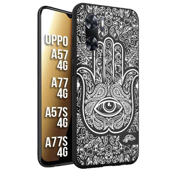 CUSTOMIZZA - Custodia cover nera morbida in tpu compatibile per Oppo A57 - A77 - A57S - A77S (4G) mano di fatima effetto rilievo mandala donna