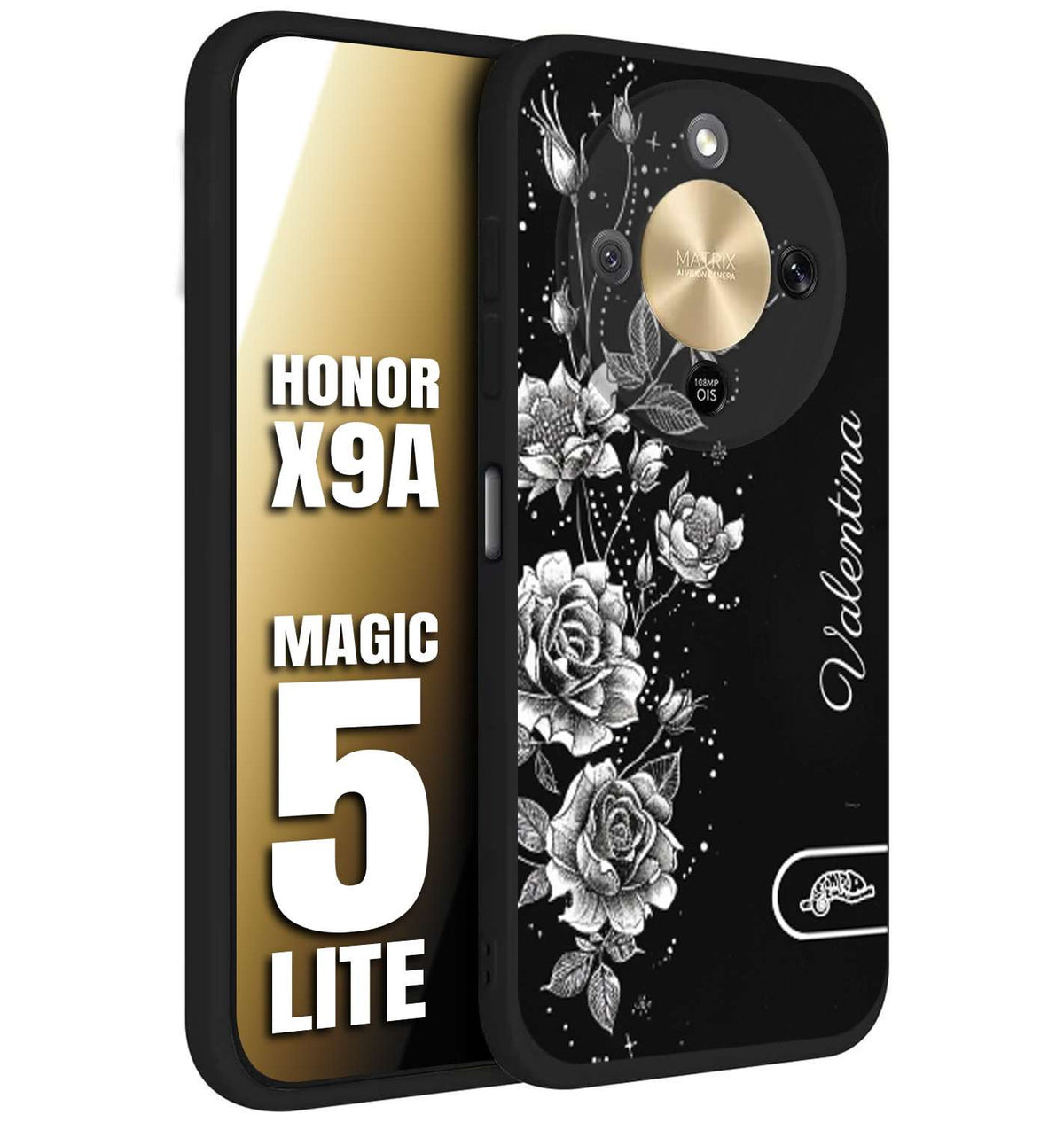 CUSTOMIZZA - Custodia cover nera morbida in tpu compatibile per Honor X9A - Honor Magic 5 Lite personalizzata rilievo soft touch nome rose fiori donna