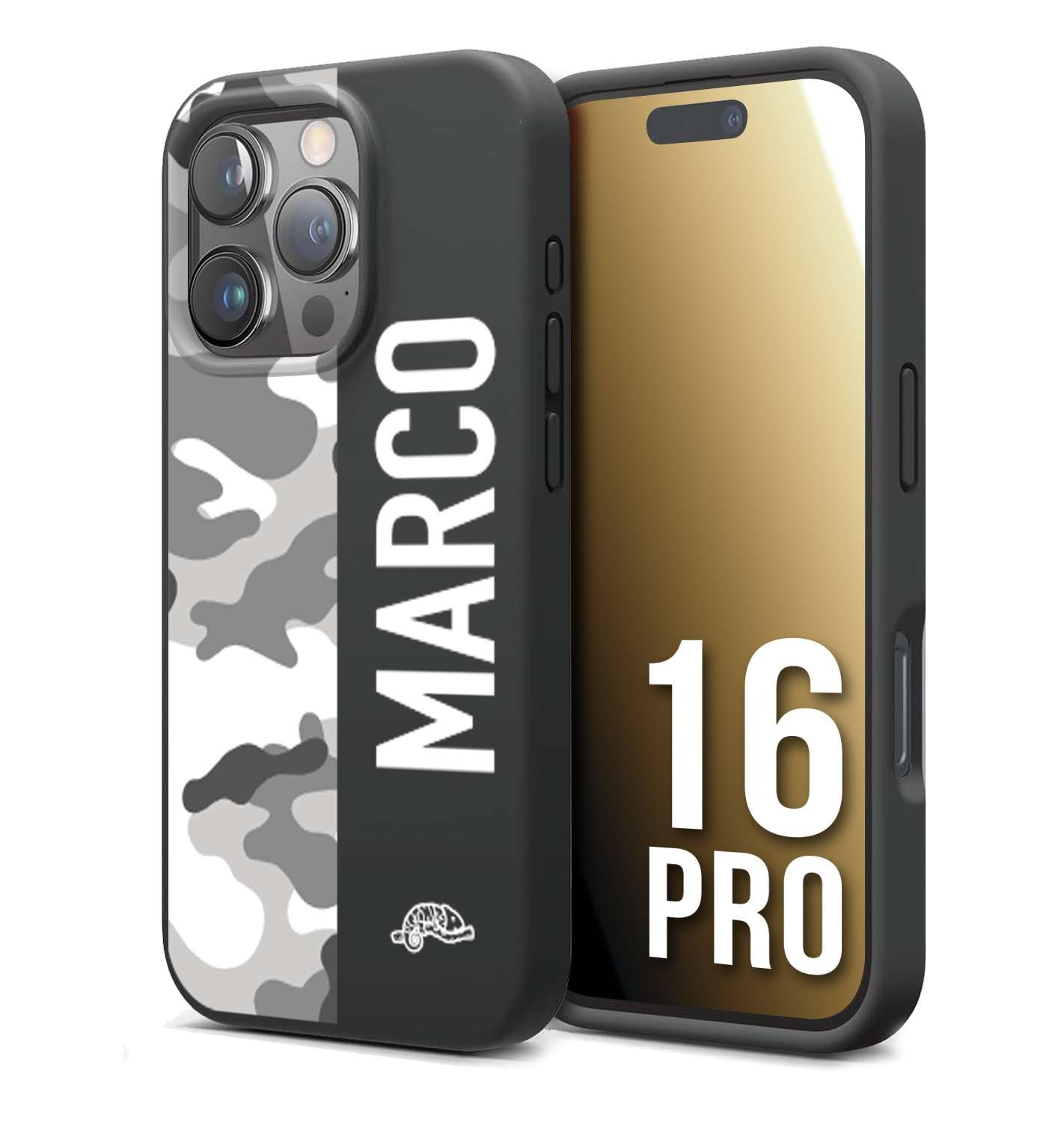 CUSTOMIZZA - Custodia cover nera morbida in tpu compatibile per iPhone 16 PRO camouflage mimetico militare personalizzata nome bianco