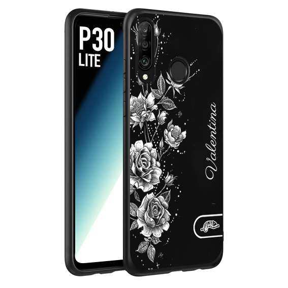 CUSTOMIZZA - Custodia cover nera morbida in tpu compatibile per Huawei P30 LITE a rilievo soft touch personalizzata nome rose fiori donna