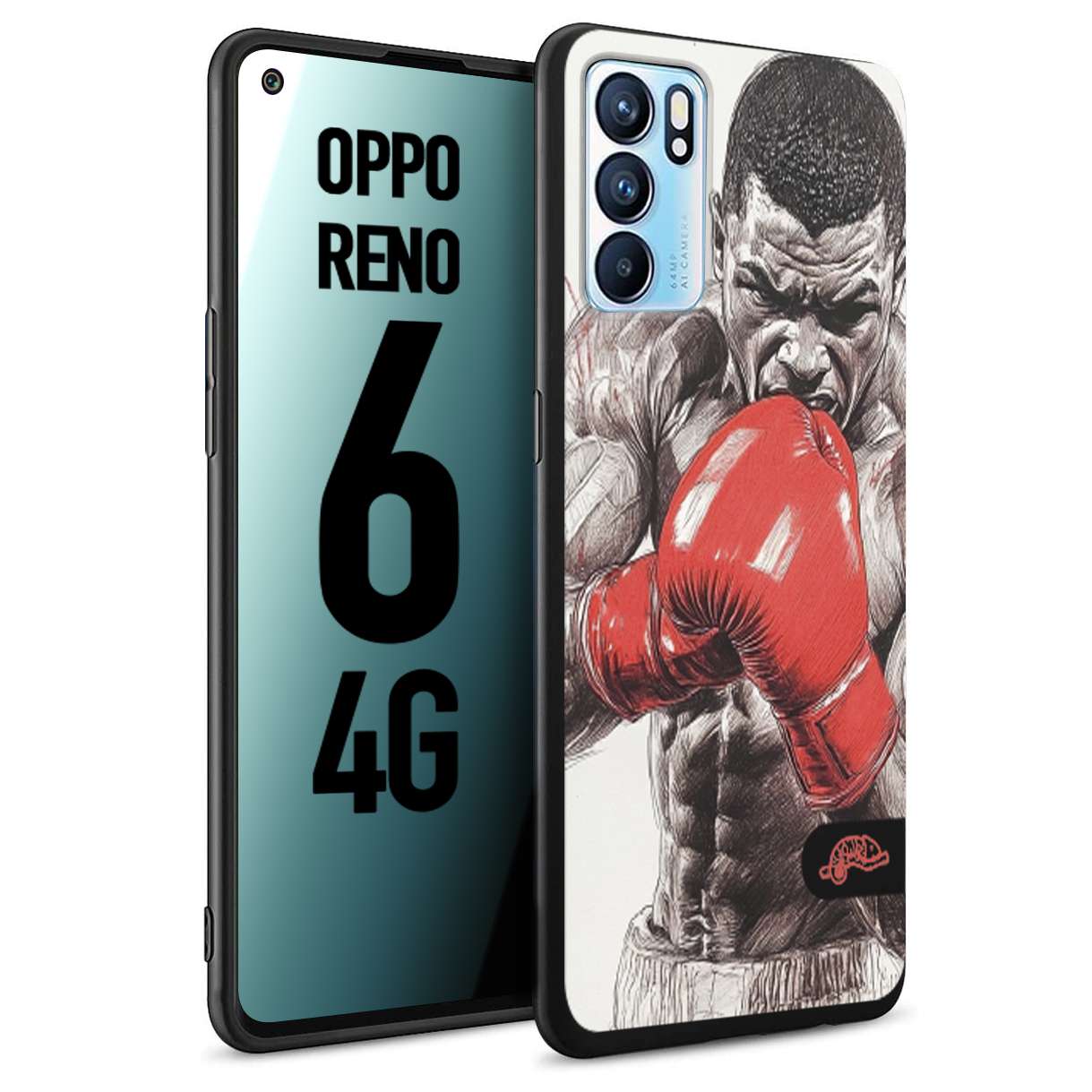 CUSTOMIZZA - Custodia cover nera morbida in tpu compatibile per Oppo Reno 6 4G pugilato pugili disegno tattoo guantoni box pesi massimi gancio