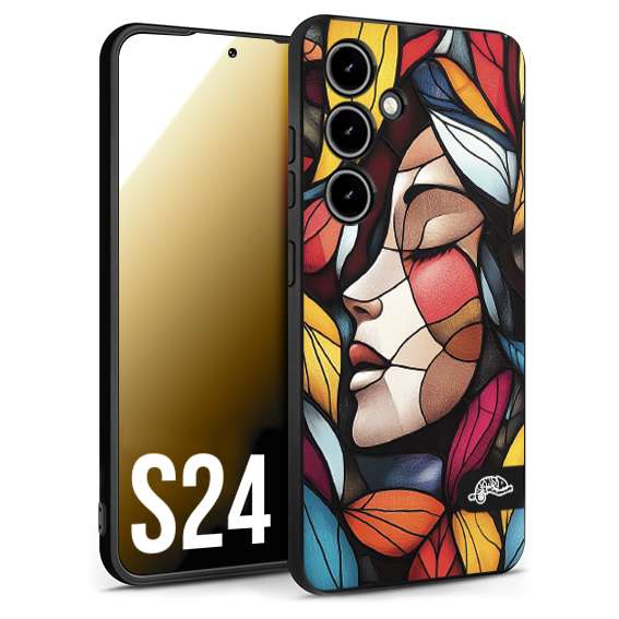 CUSTOMIZZA - Custodia cover nera morbida in tpu compatibile per Samsung S24 Vetrata artistica volto di donna profilo fogliare mosaico di vetro colorato